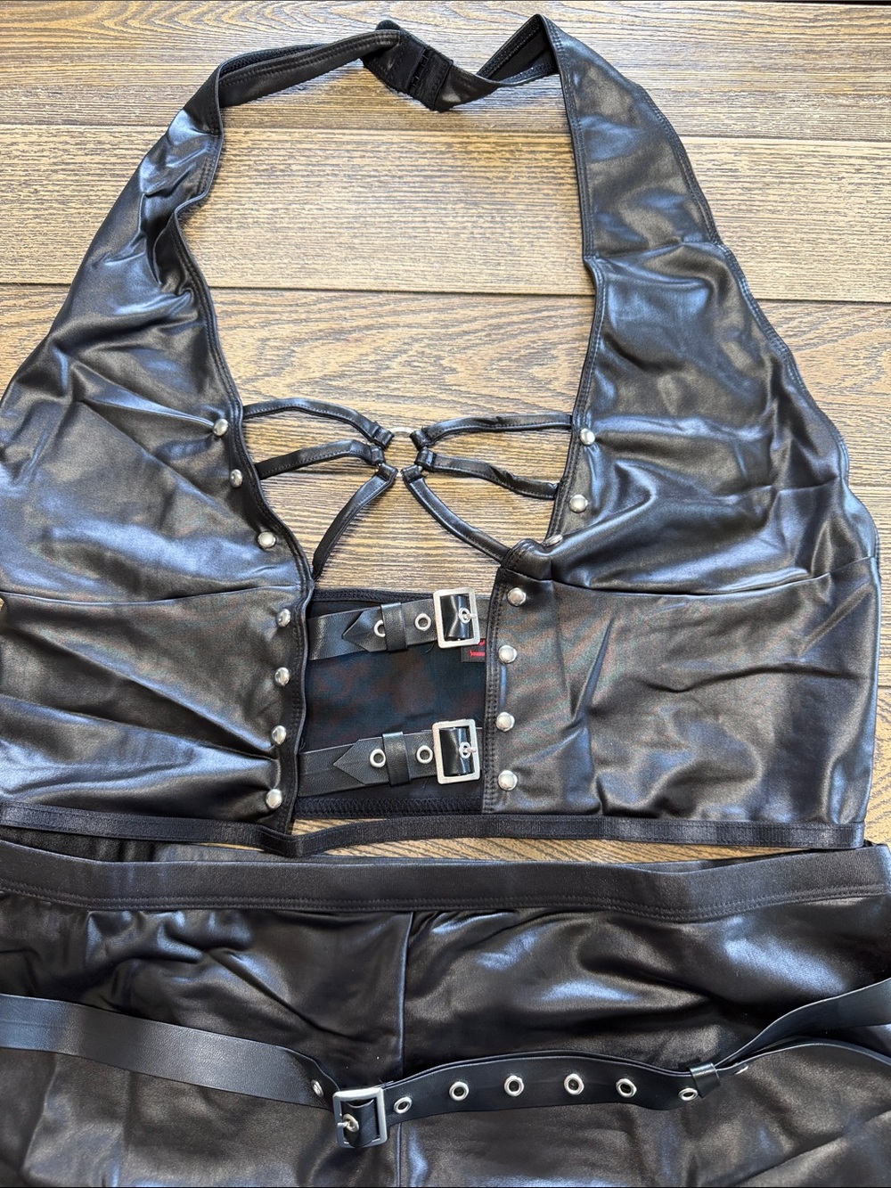 Lust Black Faux Leather Halter Top & Shorts Set Goth Metal Grunge Club Wear - Picture 2 of 5